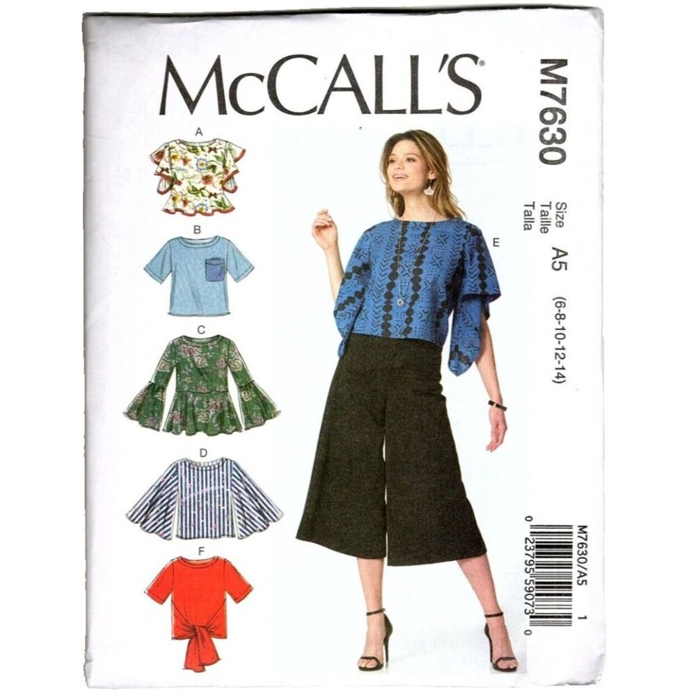 McCall's M7630 Misses 6 to 14 Bell Sleeve Boho Tops Uncut Sewing Pattern New
